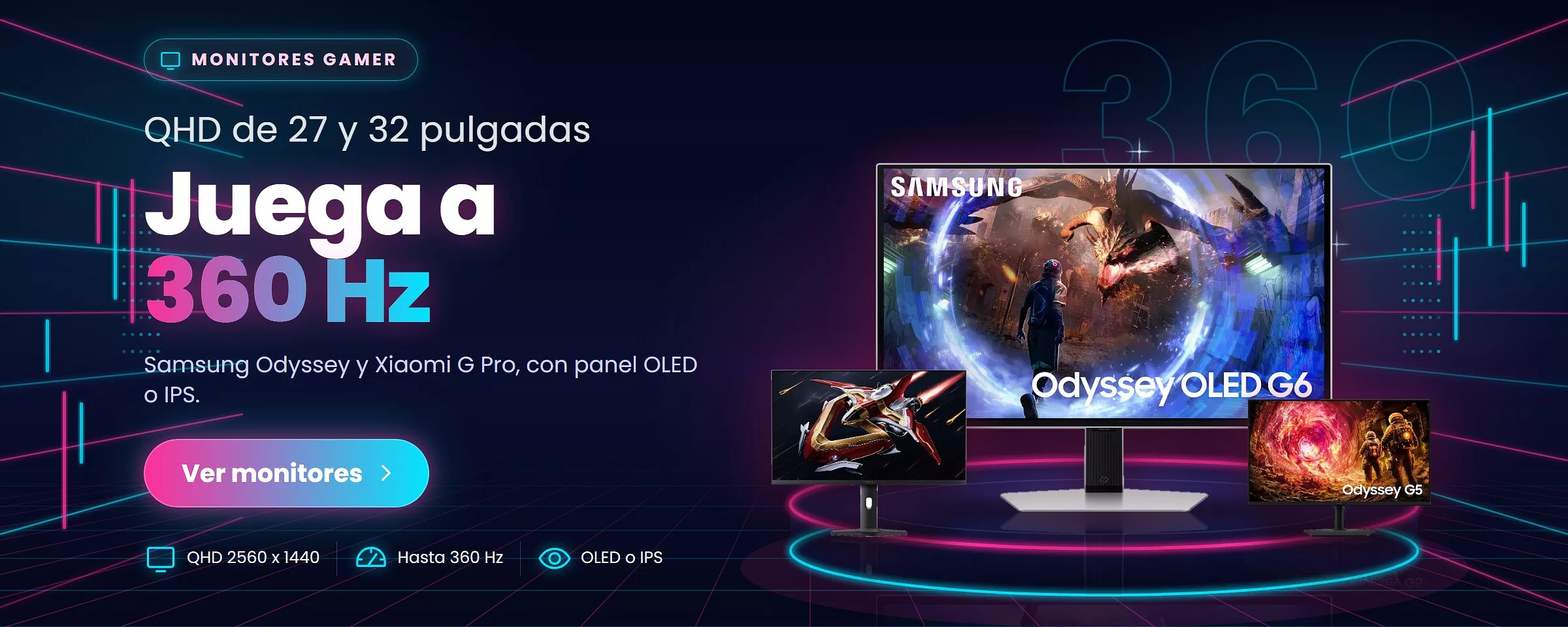 Monitores gamer QHD: Samsung Odyssey G6 G60SD OLED de 360 Hz, Xiaomi G Pro 27i de 180 Hz y Samsung Odyssey G5 G50F de 32 pulgadas
