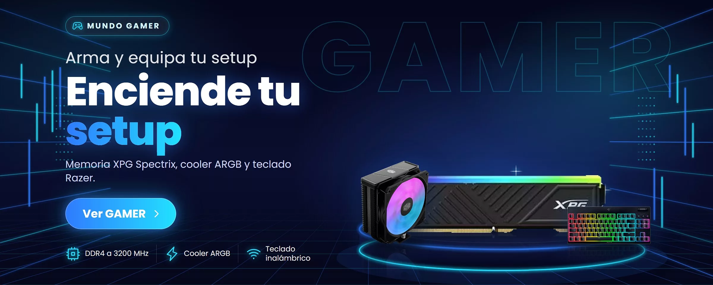 Mundo gamer en TIShop: memoria RAM ADATA XPG Spectrix D35G 16 GB DDR4, cooler Cooler Master Hyper 212 Flow ARGB y teclado inalámbrico Razer