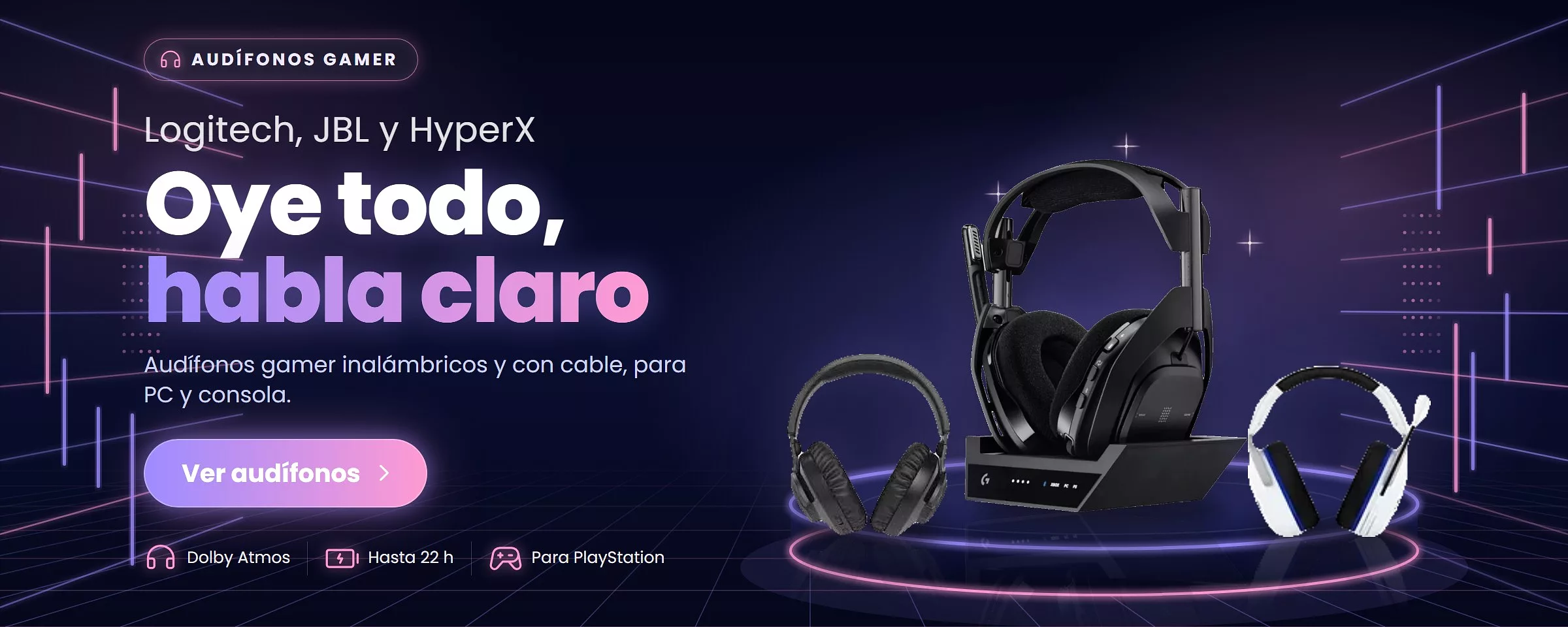 Audífonos gamer Logitech Astro A50 X inalámbricos con Dolby Atmos, JBL Quantum Q350 con hasta 22 horas y HyperX Cloud Stinger 2 Core con micrófono para PlayStation