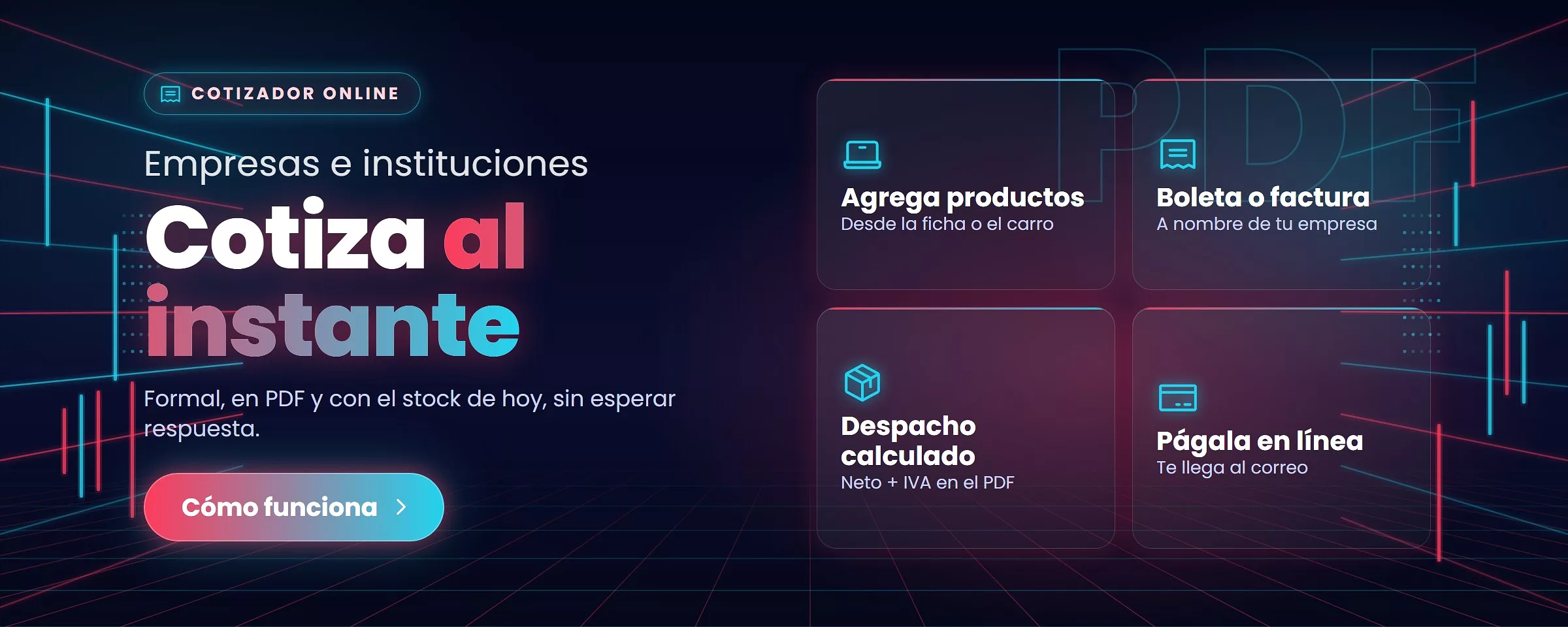 Cotizador online de TIShop: cotización formal en PDF al instante, con boleta o factura a nombre de tu empresa y despacho calculado