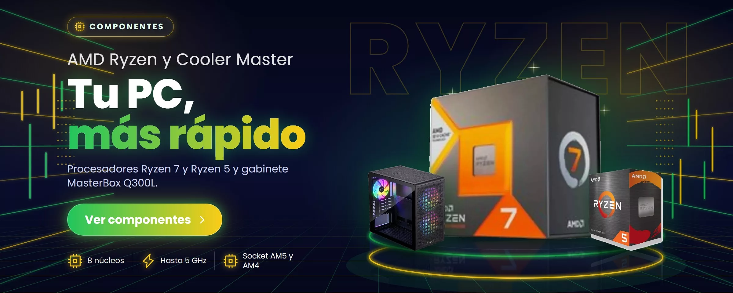 Procesadores AMD Ryzen 7 7800X3D y Ryzen 5 5600XT y gabinete Cooler Master MasterBox Q300L V3